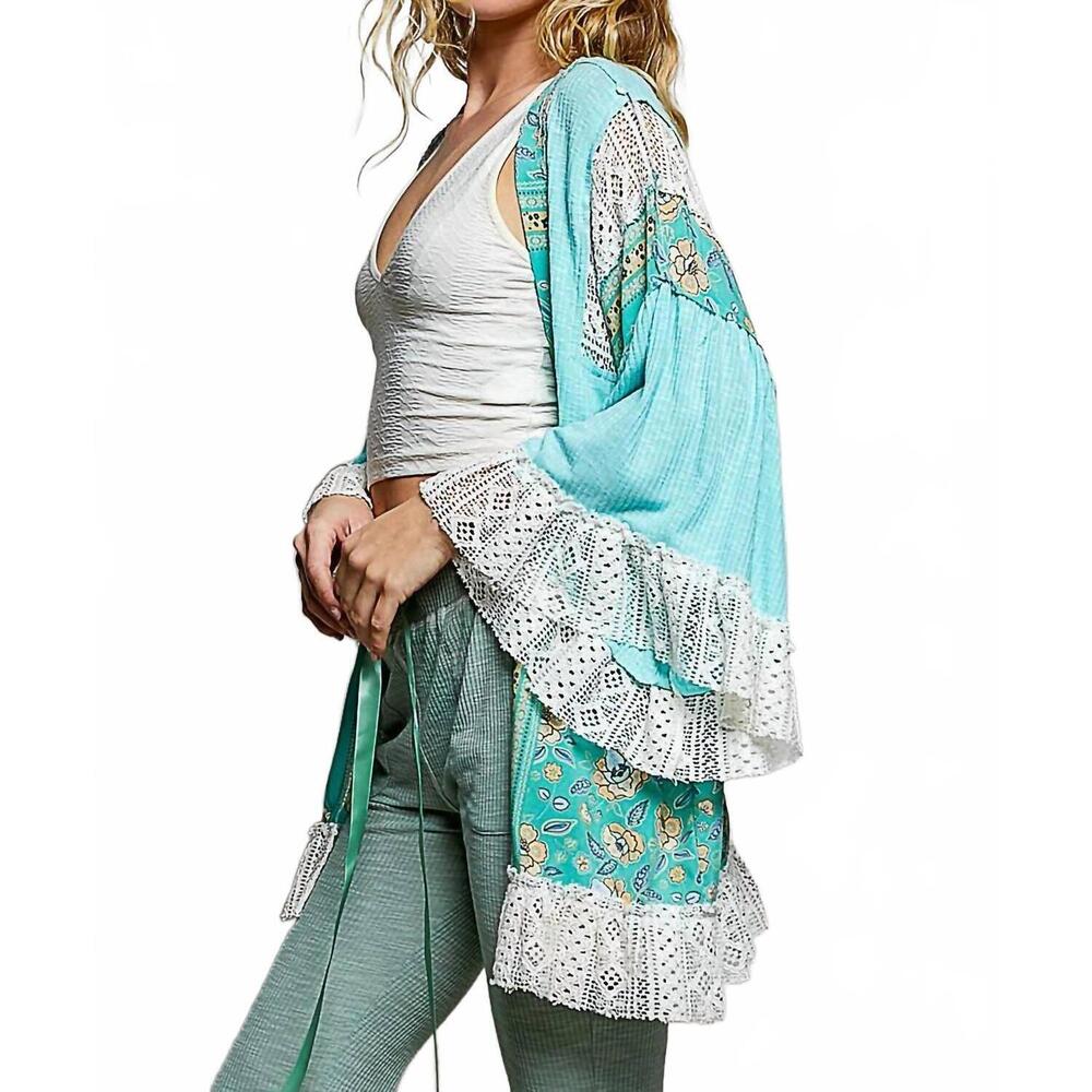 NEW POL ruffle sleeve open relaxed fit cardigan in aqua - Picture 4 of 6